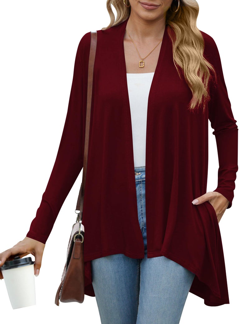 POGTMM Women's Long Sleeve Soft Knit Sweater Open Front Cardigan with Pockets (US L(12-14), Wine Red) - Image 1